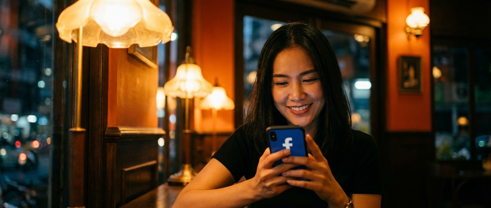 バンコクのカフェでFacebookを使うタイ人