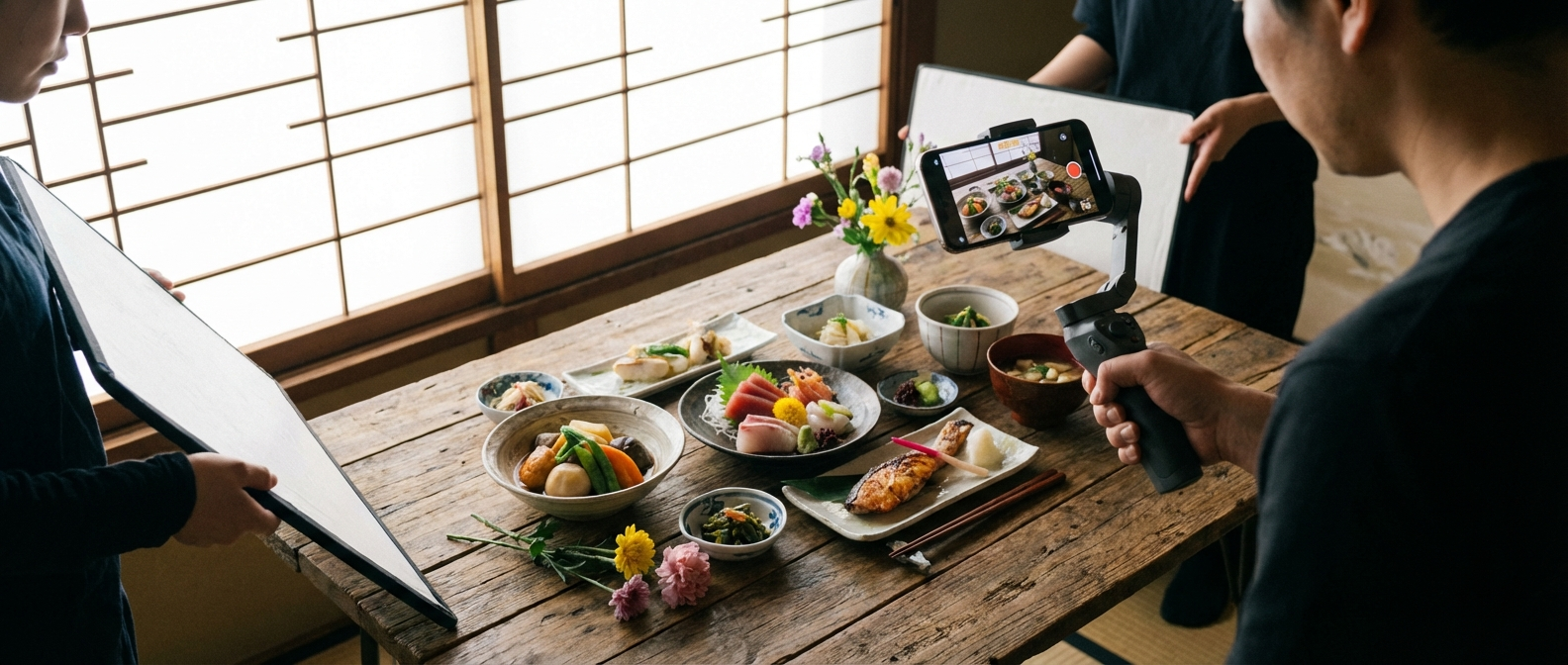 窓際の自然光で料理を撮影するイメージ